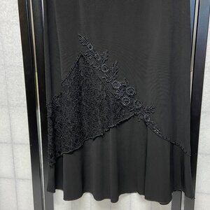 Vintage Carraz Beverly Hills Lace Bead Flare Scuba Knit Pullon Midi Skirt Black